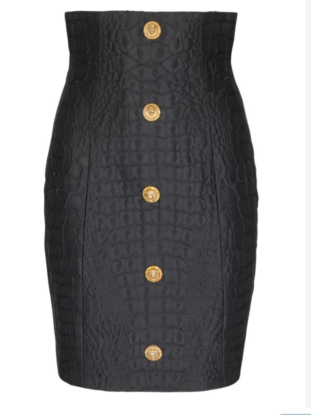 Balmain Black Crocodile-Embossed High-Waist Pencil Skirt with Gold Buttons - Picture 2 of 9